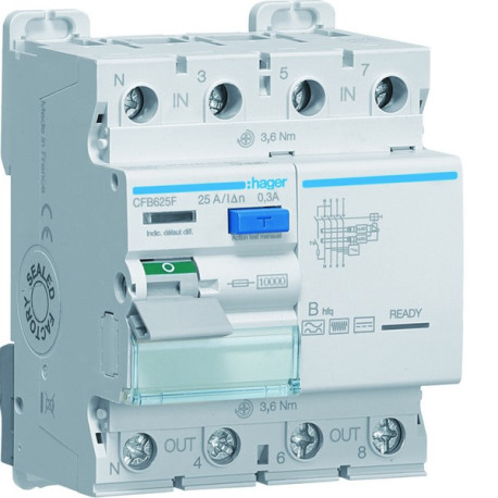 Interrupteur différentiel 3P+N 25A 300mA type B hfq - HAGER CFB625F 