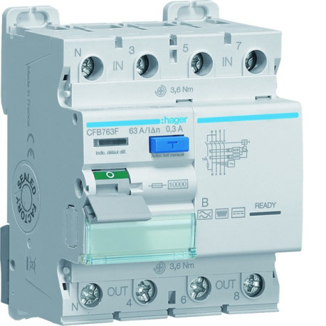 Interrupteur différentiel 3P+N 63A 300mA type B - HAGER CFB763F 