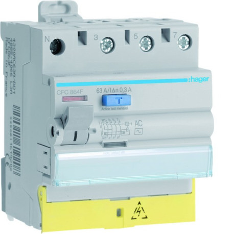 Interrupteur différentiel 3P+N 63A 300mA type AC à bornes décalées 50/60HZ - HAGER CFC864F 