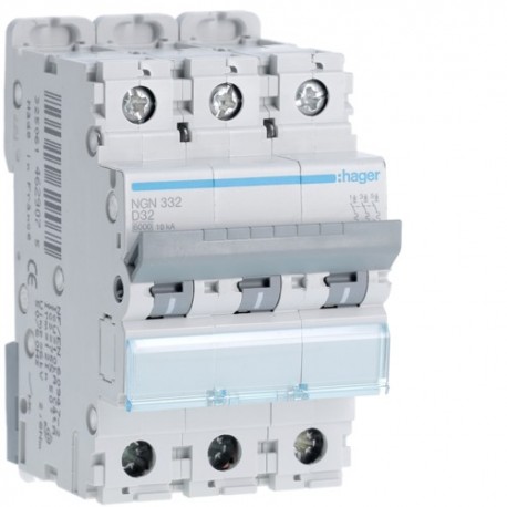 Disj.3P 6-10kA D-32A 3m - DISJONCTEURS MULTI. HAGER NGN332